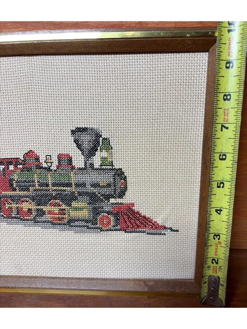 VTG Cross Stitch Train Engine & Coal Tender Matted Framed 13